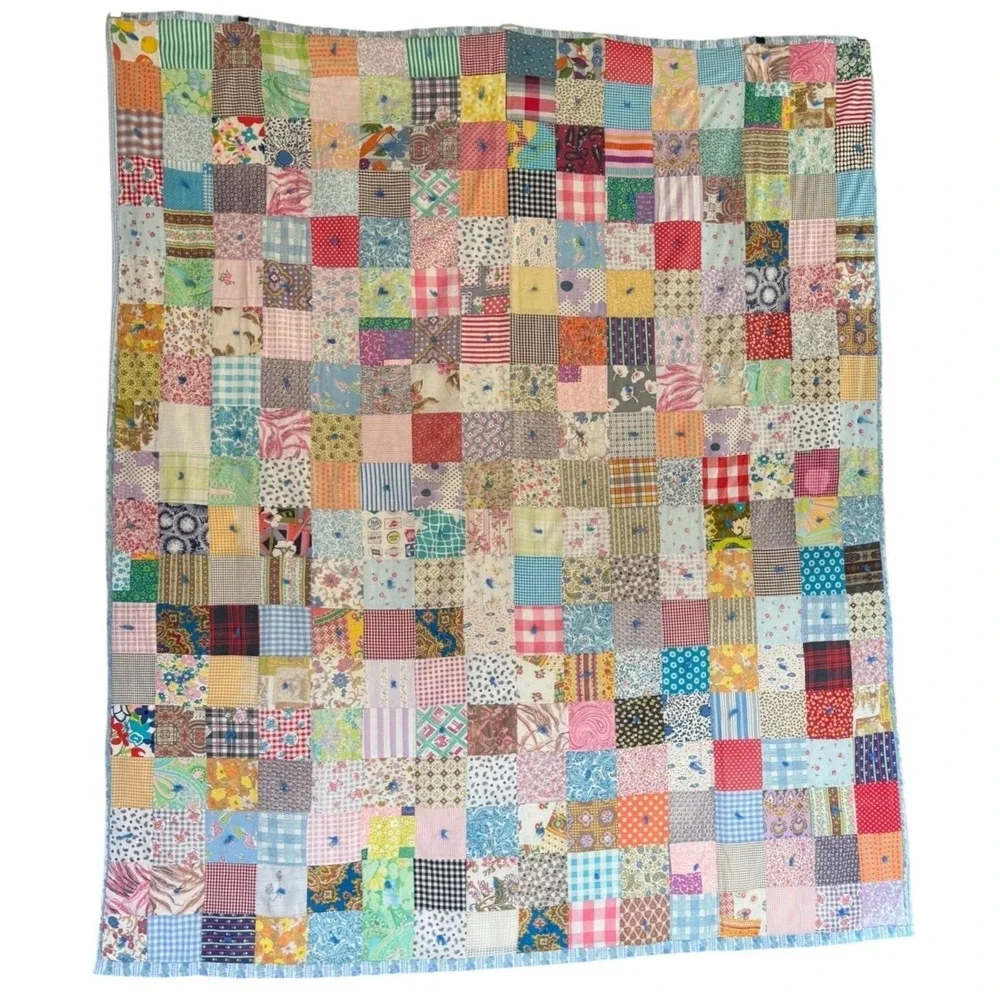 Handmade Vintage tied one-patch Quilt Throw Multicolor Blanket 83x72